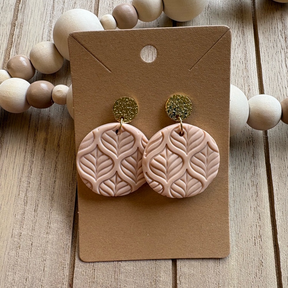 Handmade Light Pink Leaf Embossed Earrings with Gold Studs | Boho Chic Jewelry